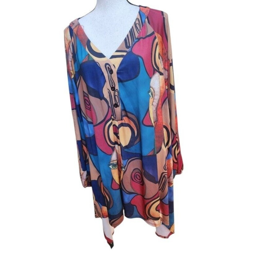 Ashley Stewart Size 3X Artsy Colorful Top Long Sleeve Boho Flowy